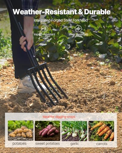 VEVOR Garden Fork, 5-Tine Gardening Pitchfork with Metal Handle, 41 in Heavy Duty Digging Fork with Y Grip, Forged Steel Spading Fork for Hay Potato Composting Transplanting Aeration - size: 5-Tine, style: Metal Handle & Steel Fork