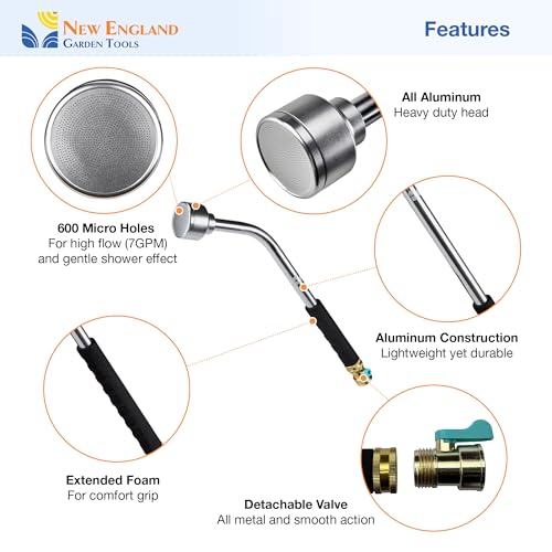 18 Inch Soft Rain Watering Wand 600007, Gentle Shower Spray, Heavy Duty Lightweight Metal Build, Comfort Grip, Flow Control Shut Off Valve, for Plants, Yards, Cars & Pets, by New England Garden Tools - size: 18 Inch - Soft Rain