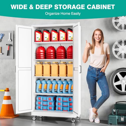 Wide & Deep Metal Storage Cabinet with Wheels,72 inch Tall Rolling Garage Storage Cabinet,White Metal Cabinets with Wheels and Shelves, Deep Heavy Duty Tool Cabinet for Garage,Home,Office,Shop - color: White, size: 72"H