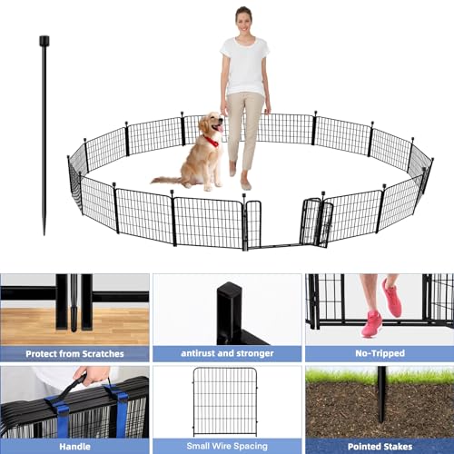 ADAVIN Garden Fence with Gate 32in(H) x 31 ft(L),14 Panels Black Heavy Duty Iron Metal Animal Barrier Fence, Indoor&Outdoor Dog Playpen, Camping Fence, No Dig Garden Border Fencing for Yard - size: 14panels-32in(H)×31ft(L)