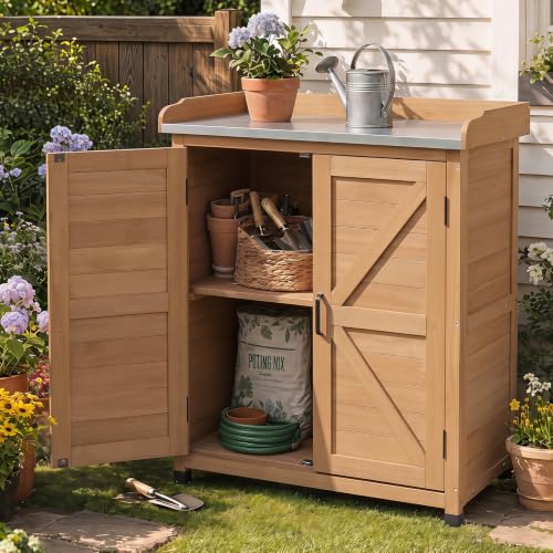 Outdoor Potting Bench with Storage Cabinet and Metal Top, Wood Workstation for Outdoor Patio, Garden (Light Brown, 31.5x17x39‘’) - color: Light Brown, size: 31.5x17x39"