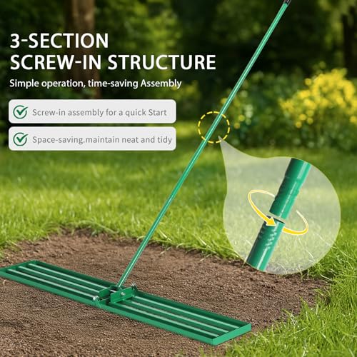 VINGLI Iron Lawn Leveling Rake 36in for Soil Sand Composs, Extended Handle, 180°Rotation Head, with All Handwares, for Yard Garden Golf Field, Green (36in) - color: 36in