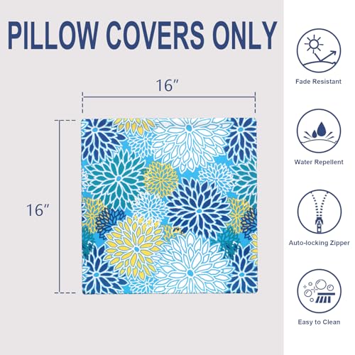 Outdoor 16x16 Inch Throw Pillow Covers Set of 2, All Weather Square Pillow Cases, Covers ONLY, Patio Cushion Pillow of Home Furniture Use, Dahlia Blue - color: Dahlia Blue, size: 16" x 16" (Pack of 2)