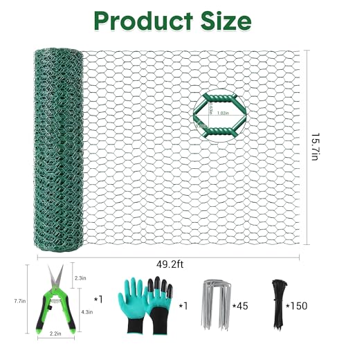 Large Wire Plant Protector from Animals 49.2ftx15.7in Free-Cut Metal Mesh Plant Cages for Outdoor Plants Chicken Wire Cloche, Wire Plant Protector for Garden Wire Mesh with Gloves, Wire Ties, Plier