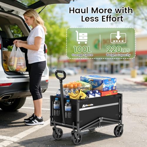 Blomoba Collapsible Wagon Cart, 220LBS Utility Wagon with Wheels, Black - color: Black, size: 100L