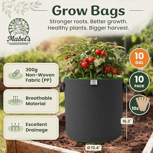 Mabel's Gardening 10-Pack 10 Gallon Grow Bags - Garden Planting Bags 13.4 x 16.3 INCH Made of 8.85 oz/yd² (300g/m²) Felt & Fleece Fabric Plant Pot, Plant Bag, Grow Bag for Carrot Potato Tomato - color: 10-pack, size: 10 Gallon