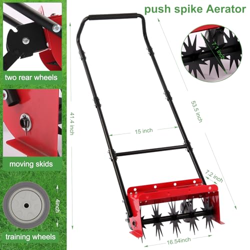 Rolling Lawn Aerator,16.5 in Push Spike Aerator with Side skids,Aerator Lawn Tool with Rear Wheel, 2026 Style Rotary Aeration Tool for Lawn, Garden and Yard,Grass Aeration for Care compacted Soil