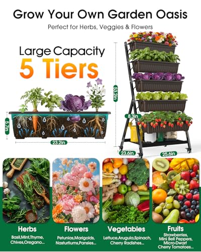5-Tier Vertical Garden Bed Planter Boxes with Wheels, Drainage System & Storage Space, Mobile Vertical Garden Planter with 5 S-Hooks for Plants Vegetables Flowers Herbs in Garden Patio Yard - style: with wheels