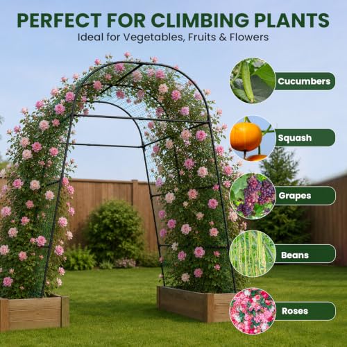 Heavy Duty Garden Arch Trellis for Climbing Plants, 20mm Thick Rustproof Metal Frame, Easy Assembly No Tools, 7.2ft Tall Vine Support with Netting & Gloves for Cucumbers Beans Roses