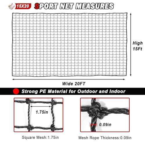 Baseball Softball Backstop Nets, Heavy Duty Sports Netting - size: 15x20 FT