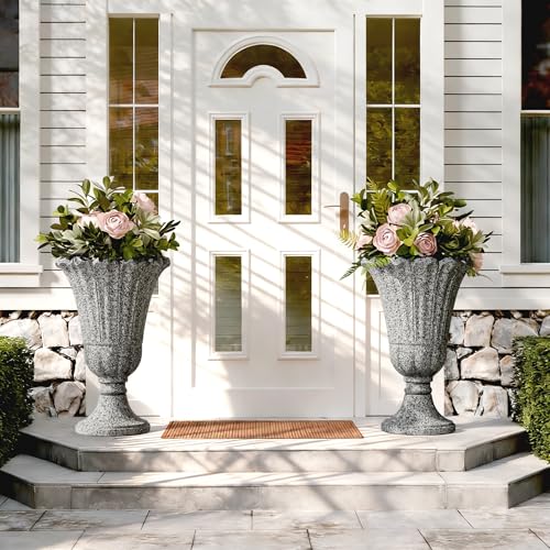 24" Tall Urn Planters for Outdoor Plants, Urns and Pedestal, Gray - color: Heather Grey-sandblasting