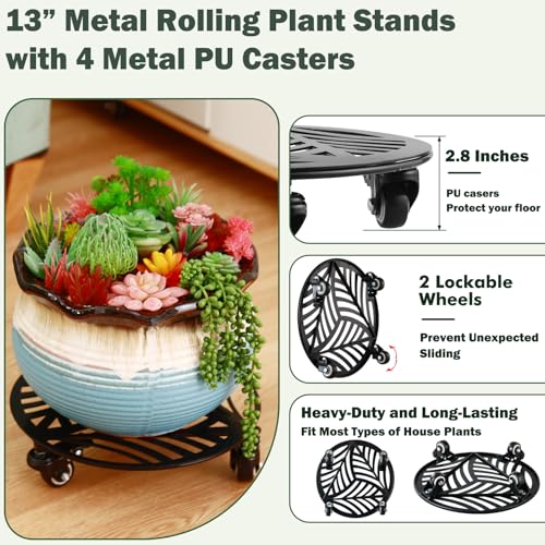 2 Packs Large Metal Plant Caddy with Wheels 13” Heavy-Duty Iron Wheeled Rolling Plant Stands with Casters Indoor Outdoor Plant Pot Roller Base Plant Saucer Movers Black, Strong Load Capacity - size: 13"