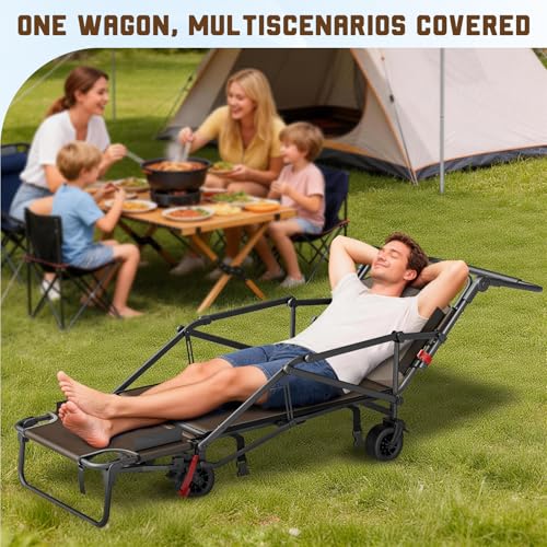 LEVELEVE Heavy Duty Folding Wagon - 2-in-1 Collapsible Cart, All-Terrain Wheels w/Brakes & Side Pockets (Brown, 400lb Capacity) - color: Brown, size: Medium
