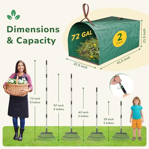 GreatBuddy Leaf Rake and Leaf Bags Combo, Adjustable Metal Garden Rake 29''-72'' 25 Tines, 2 Pack 72 Gallon Reusable Yard Waste Bags, Heavy Duty Lawn Rake with Dustpan Leaf Collector for Yard Cleanup - size: 25 tines & 72 gal 2 packs