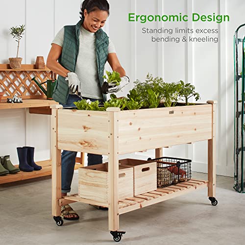 Best Choice Products Raised Garden Bed 48x24x32-inch Mobile Elevated Wood Planter w/Lockable Wheels, Storage Shelf, Protective Liner - Natural - color: Natural