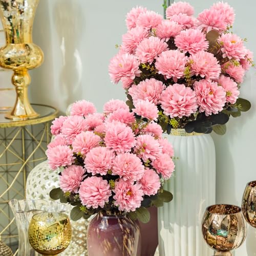Fall Flowers Artificial Mums 2 Pcs 18 Heads Silk Chrysanthemums Fake Mums Faux Floral Bouquet Arrangements for Home Decor Indoor Outdoors Planter Pots Porch Wedding Autumn Decoration (Pink) - color: Pink