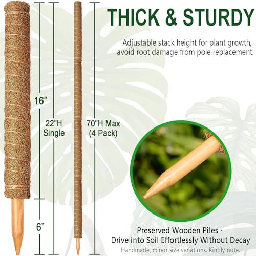 Soupiar 4 Pack 22 Inch Stackable Moss Pole - Thick & Sturdy Natural Coir Totem Plant Support & Garden Stakes for Monstera & Pothos, Indoor Climbing Vining Houseplants, 70" H Max - color: 4 × 22 Inch