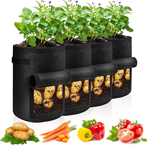 JJGoo 4 Pack Potato Grow Bags 10 Gallon with Flap, Heavy Duty Fabric with Handle and Harvest Window, Non-Woven Planter Pot Plant Garden Bags to Grow Vegetables Tomato, Black - color: Black 10 Gallon, size: 4 Pack with Window