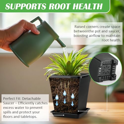 6 inch Plant Pots, 10 Pack Flower Pots Outdoor Indoor, Square Plastic Planter with Drainage Holes and Saucers, 0.5 Gallon Planter Pots for Plants Deep Capacity Garden Pot Container with Tray - size: 6 INCH / 10P
