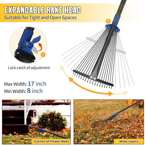 Adjustable Leaf Rake, Heavy Duty Metal Rake for Leaves, Long Handle 30"-60" with Expandable Head 8"-17", Collapsible Small Rakes for Lawns, Gardening, Yard, Camping, Shrub, Grass, Bush, Weed, Debris
