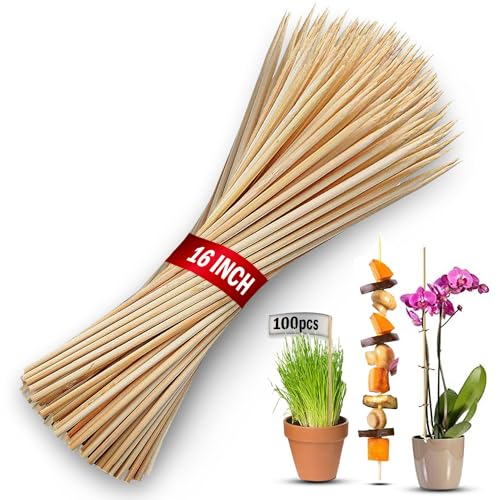 100 Pack 16" Bamboo Plant Stakes for Indoor Plants, Long Wood Skewers Sticks for Plant Support Tomato Floral Flower Bouquet, Garden Wooden Sticks Sign Posting and Other Crafts (100pc - 16 inch)