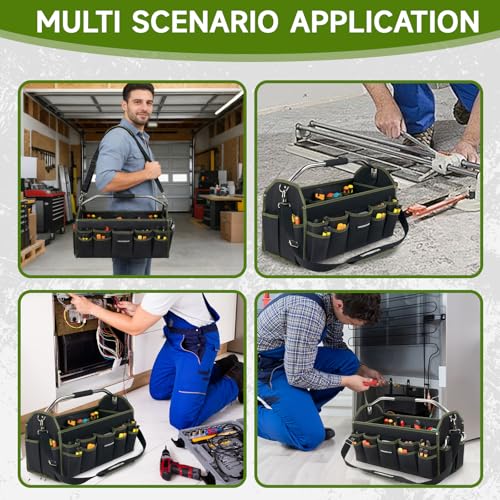 20In Electrician Tool Bag, Foldable Bags For Men Heavy Duty, Open Top Tool Tote, 30 Pockets Can Hold Many fittings, Organizer Stainless Steel Handle and Removable Shoulder Strap - size: 20IN