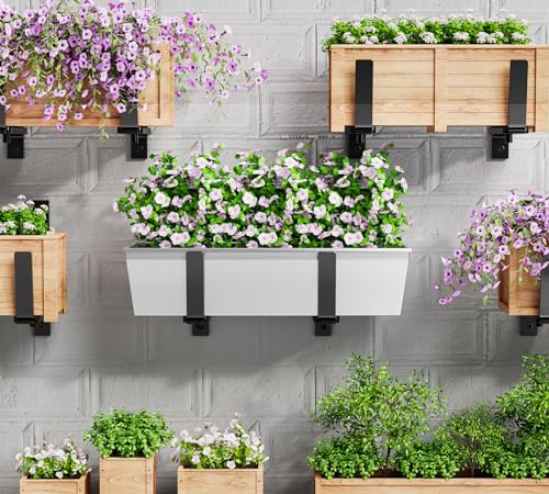 Y&M 2 Pack Adjustable Planter Box Brackets (6 to 12.5 in), Universal Window Box Brackets, Heavy Duty Iron Flower Box Wall Mounting Hooks for Balcony, Fences, Patio, and Garden - Black - size: 2pcs Black