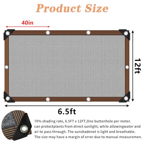 Shade Cloth - for Plants Greenhouse, 70% Sunblock Shade Sails -for Outdoor Garden Pergola Patio Lawn, Sun Protection Neting Cover for Kennel Chicken Coop Easier to Hang Plant Cover - size: 6.5'x12'