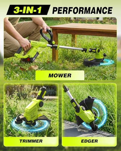 Saker Cordless Weed Wacker,3-in-1 Weed Cutter with Auto Line Feed, 12-in Cordless Lawn Mower Grass Trimmer&Edger Lawn&Mower Tool with 2 Batteries for Yard, Garden,Wireless Weed Eater with 2 Lines