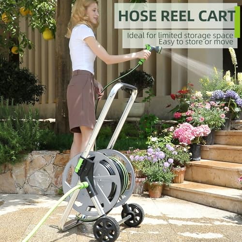 Garden Hose Reel Cart, Holds 75-150 Feet of 5/8" Hose - color: Silver