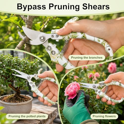 Garden Pruning Shears 2 Pack, Bypass Pruning Shears and Straight Garden Scissors, Easy Lock, Floral Patterns, Professional Garden Clippers for Plants and Flowers (Bypass and Straight) - color: Bypass and Straight