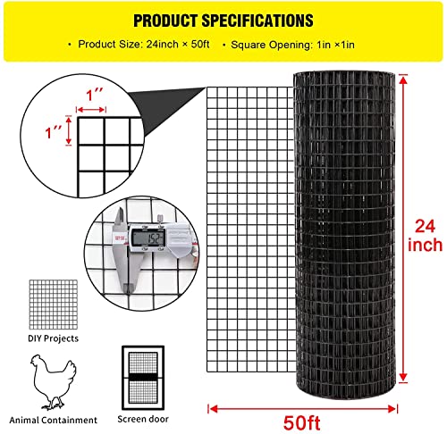 24'' x 50' 1inch Hardware Cloth 16 Gauge Black Vinyl Coated Welded Fence Mesh for Home and Garden Fence and Home Improvement Project (24'' x 50') - size: 24inch×50ft