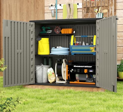 HOMSPARK Outdoor Storage Shed 37 Cu.Ft, All-Weather Resistant Resin Garden Sheds & Outdoor Storage Clearance with Floor, Double-Layer Plastic Tool Sheds for Patio, Garden & Lawn (Shallow Brown) - color: Shallow Brown, size: 37 Cu.ft