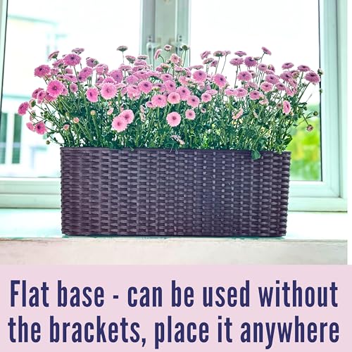 LaLaGreen Outdoor Rail Planter for Balcony (20 Inch, 2 Pack) Large Black Self Watering Railing Planters with Brackets, Rectangular Plastic Window Flower Box Fence Designer Choice with Rattan Pattern - color: Brown X 2