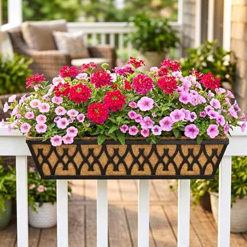 4 Pack 24 Inch Window Boxes Planters for Outdoor Plants Railing Planter Box with Adjustable Brackets for Windowsill Porch Fence Patio Hanging Flower Coco Baskets for Outside Decoration - Black - color: Black, size: 24 Inch - 4 Pack
