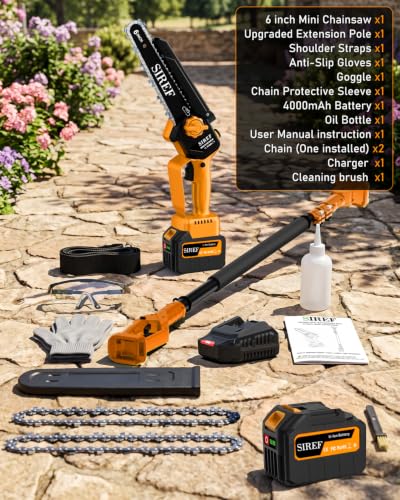 Electric Pole Saw 6“ Mini Chainsaw Cordless Telescopic 4.0Ah Batteries Fast Charger Adjustable Shoulder StrapTree Trimmer Limb Branch Cutter Pruner 16 Ft Max Reach Multi-Angle Yellow - color: Yellow-1 Battery