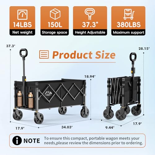 NWH 34'' Extra Long Collapsible Wagon, 380lbs Large Capacity Folding Wagons Carts with Wheels Foldable, Heavy Duty Utility Cart with All-Terrain Wheels for Beach Outdoor Grocery Camping Garden - size: 150L