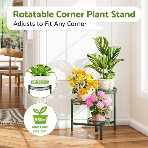 Plant Stand Indoor Outdoor, 3 Tier Corner Metal Flower Display Holder Shelf, Folding Tall Plant Rack for House Patio Balcony Porch Garden Living Room, Heavy Duty Anti-Rust Wrought Iron - GreenFlower - color: GreenFlower, size: 3-tiers