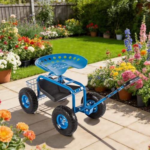 FIZZEEY 360 Swivel Rolling Garden Work Seat Cart with Storage Basket, Blue - color: 3-blue