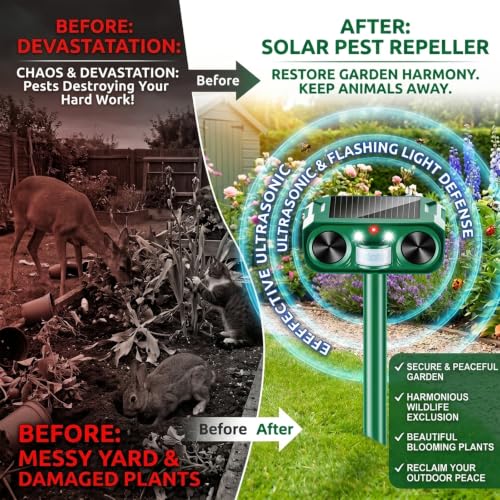Solar Animal Repeller Outdoor, 4 Pack Ultrasonic Deterrent for Deer