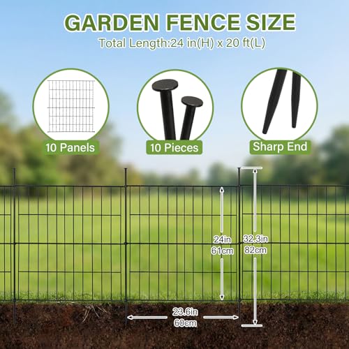 10 Panels No Dig Decorative Outdoor Garden Fence with Gate, 24in (H) x 20ft (L) Rustproof Metal Wire Rabbit Dog Garden Border Fencing for Yard, Animal Barrier with Ground Stakes for Patio - size: 10 Panels-24 in(H)x20 ft(L)with Gate