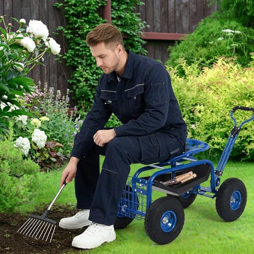 Rolling Garden Cart with Seat, Garden Workseat with 360-Degree Swivel - color: Blue