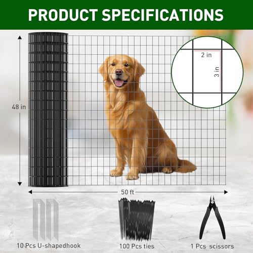 Black PVC Coated Welded Wire Fence 48 in x 50 Ft for Yard Plant Protection - size: 48in x 50ft