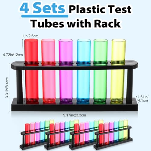 Kingdder 24 Pcs Plastic Test Tubes with Rack for Plant Propagation Station, 1.5 oz Shot Glasses Holder for Science Parties, Pouring and Storing Liquids, Hydroponic Plants Cutting Vase for Office Home