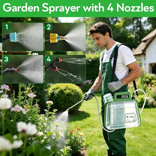 2 Gallon Electric Garden Sprayer, Rechargeable Pump Sprayer Weed Sprayer, Battery Powered Sprayer with Waterproof Telescopic Spray Wand, 4 Nozzles, 2 Speeds, Battery Indicators for Lawn Garden