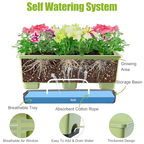 Oliz Window Box Planter 8 Pcs, 17 Inches Rectangle Flower Pots with Drainage Holes & Trays, Vegetable Planters for Windowsill Patio Garden Balcony Home Indoor Outdoor (Light Green, 16 * 7 * 6 inch) - color: Light Green