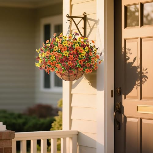 Artificial Flowers for Outdoors Faux Fall Hanging Baskets UV Resistant - color: G Orange Brown Yellow