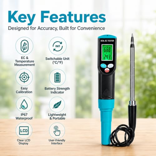 Digital Soil EC Meter 2-in-1 Porfessional Plants EC Temperature Tester Meter with Corded Sensor, Backlight LCD Display, Temperature Compensation, Easy Calibration for Soil Plants Lawn Nutrient Test
