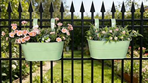 2 Pack 10" Balcony Hanging Metal Fence Planters Flower Pots, Mint Green - color: Mint Green
