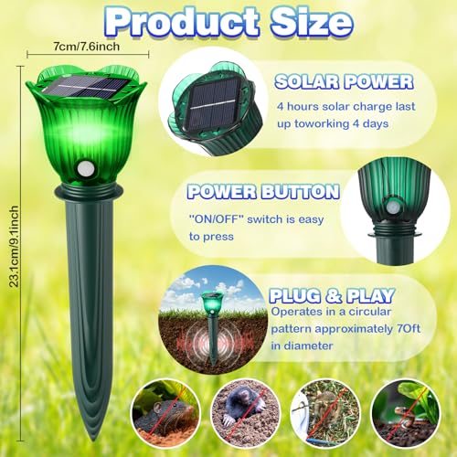 6 Pack Solar Ultrasonic Animal Repellent with RGB Color-Changing Lights, Pest 360° Sonic Deterrent for Outdoor Lawn & Garden, Solar Powered Mole, Snake & Gopher Repellent Stakes (Petal Style) - style: Petal Style